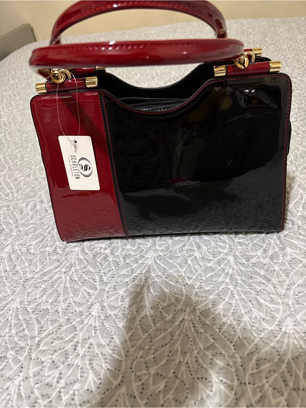 Patent Two-Tone Top-Handle Satchel in Black & Red